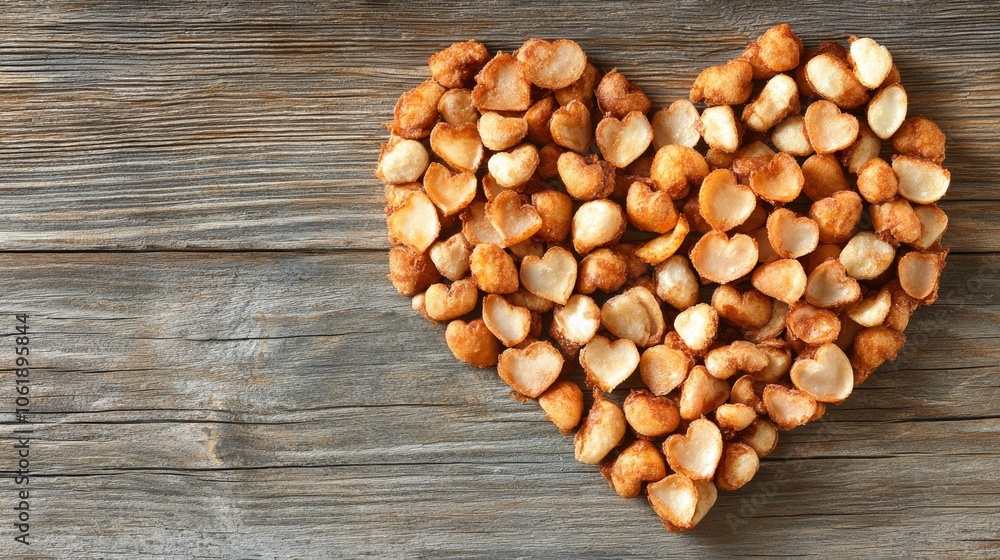 Heartshaped nuts on rustic wood, a symbol of love, healthy snacking, and valentine's day Heartshaped nuts on rustic wood, a symbol of love, healthy snacking, and valentine's day