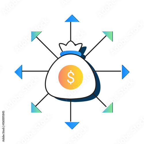 Operational Expenses Icon – A Central Dollar Sign with Arrows Extending Outward, Representing Necessary Ongoing Expenses