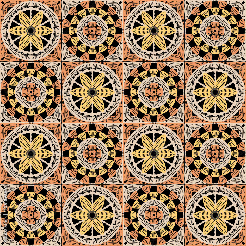 Pattern with crochet granny square with flowers wallpaper handmade decorative art design print Pattern with crochet granny square with flowers wallpaper handmade decorative art design print