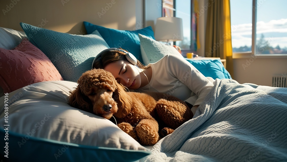 a poodle and a young woman sleeping inside the room, outdoor activities, podcast, asmr, goodnight, nice sleep, poodle, dog, animal, pet, puppy, setter, canine, golden, dachshund, woman, sofa, couch, c a poodle and a young woman sleeping inside the room, outdoor activities, podcast, asmr, goodnight, nice sleep, poodle, dog, animal, pet, puppy, setter, canine, golden, dachshund, woman, sofa, couch, c