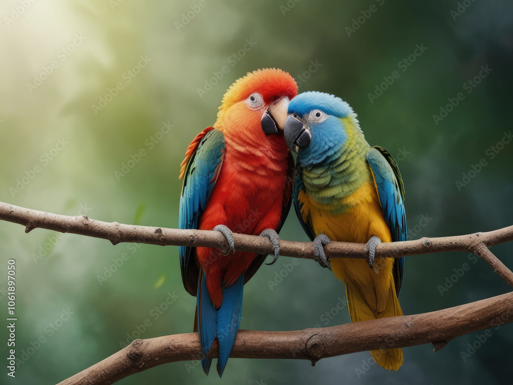 Obraz premium Green parrot on the branch, abstract animal concept