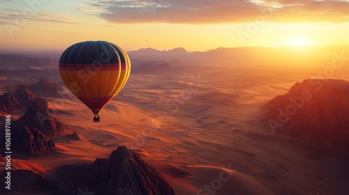 Hot air ballooning over a stunning desert landscape at sunrise.