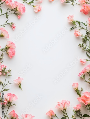 Minimal Pink Flowers Border on White Background 