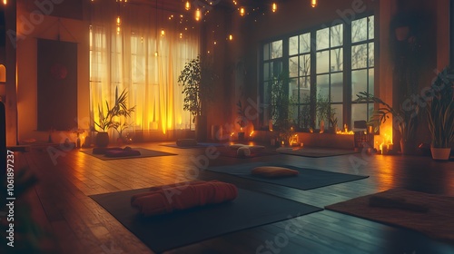 Lifestyle photo of a group practicing yoga in a cozy studio with warm lighting, soft mats, and blankets, enhancing the chill vibe, 4k resolution