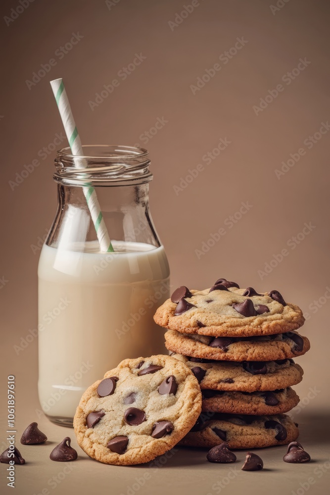 Glass Bottle of Milk with Chocolate Chip Cookies Glass Bottle of Milk with Chocolate Chip Cookies