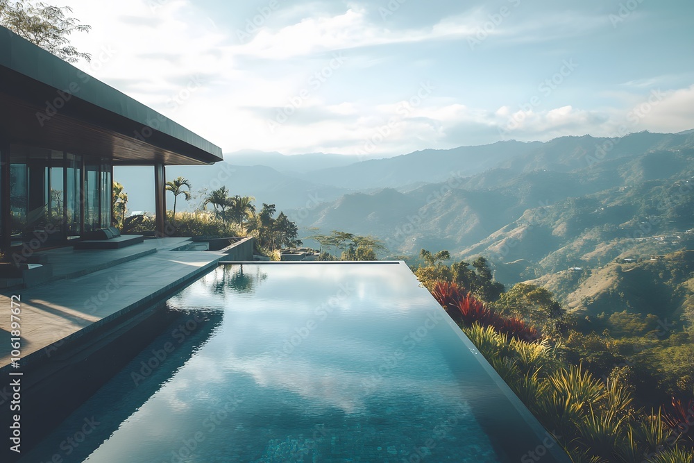 Fototapeta premium Drone photography capturing a modern hillside mansion with a stunning infinity pool, overlooking a vast mountain range, 4k resolution
