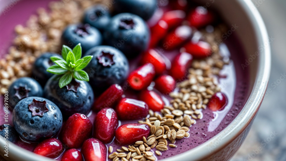 Heart-healthy smoothie bowl with blueberries, pomegranate seeds, and flaxseeds, vibrant colors, copy space Heart-healthy smoothie bowl with blueberries, pomegranate seeds, and flaxseeds, vibrant colors, copy space