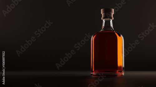 There is a bottle of whiskey placed on a sleek black table surface