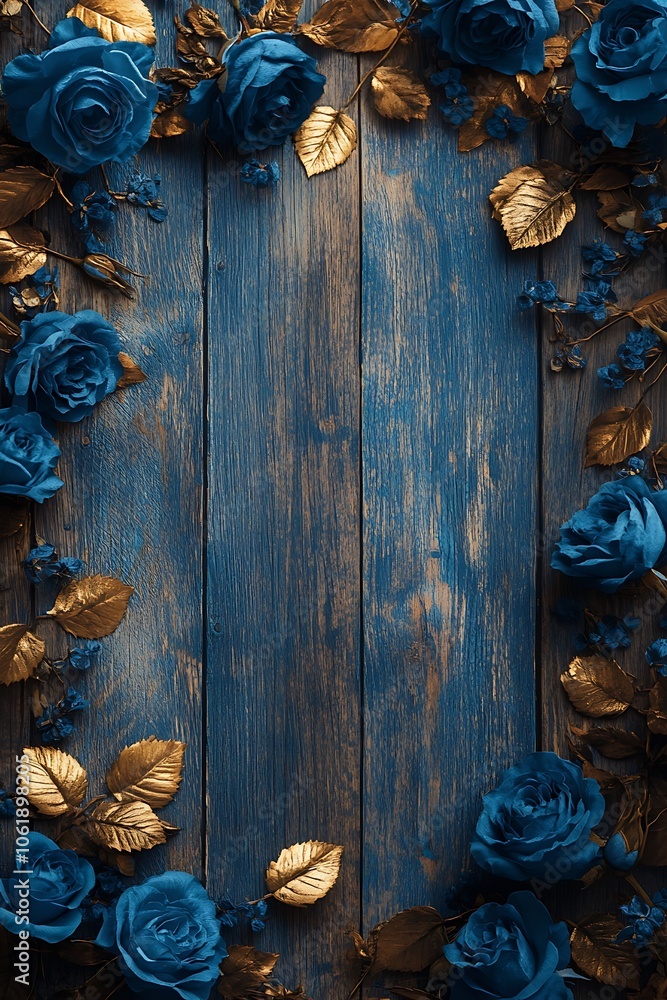 Elegant blue and gold floral frame on rustic wooden background perfect for celebratory invitations and artistic displays Elegant blue and gold floral frame on rustic wooden background perfect for celebratory invitations and artistic displays