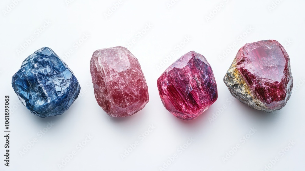 Rich red, blue, and pink spinel stones arranged in a set on a white background