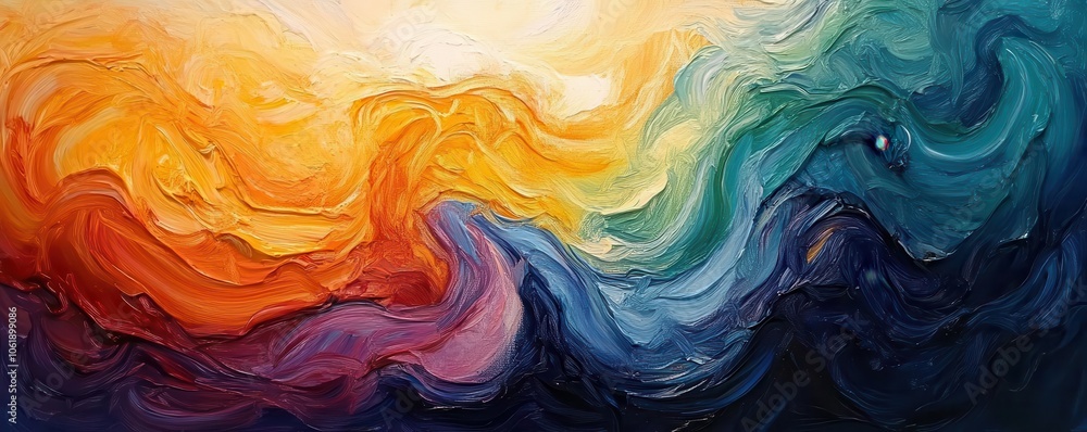 Fototapeta premium A vibrant abstract painting featuring swirling waves of orange, blue, green, and purple, evoking emotions and a sense of movement.