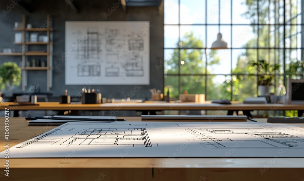 Close-up of blueprints on a wooden table in a modern office with a large window, plants, and a whiteboard with a sketch of a building plan. Close-up of blueprints on a wooden table in a modern office with a large window, plants, and a whiteboard with a sketch of a building plan.
