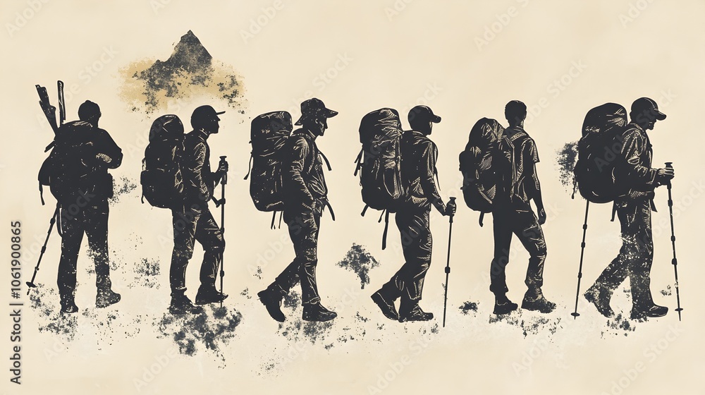 Naklejka premium Hand-Drawn Silhouettes of Hikers with Backpacks Embarking on Outdoor Expedition