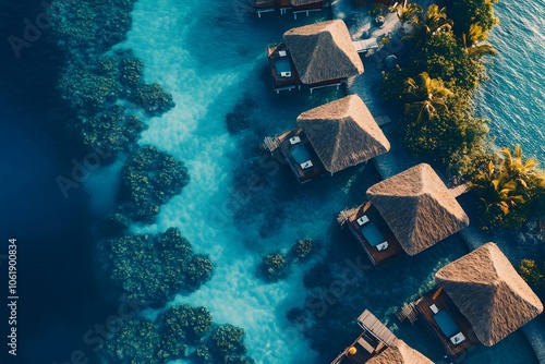 Drone photography of a tropical Fijian island resort with bungalows over clear blue water, surrounded by coral reefs, 4k resolution photo