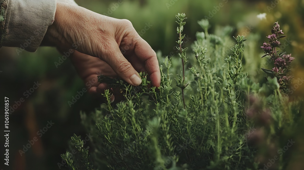 Fototapeta premium Beyond Binary photography of a person picking herbs in a traditional garden, gentle movements and a sense of harmony with nature, 4k resolution