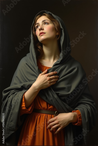 Portrait of a Woman in Traditional Attire with Dark Cloak
