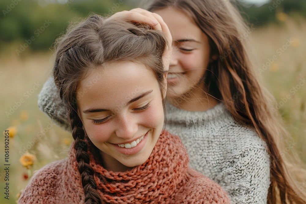 Beyond Binary photography of friends taking turns braiding each other's hair in a meadow, joyful and natural, 4k resolution Beyond Binary photography of friends taking turns braiding each other's hair in a meadow, joyful and natural, 4k resolution