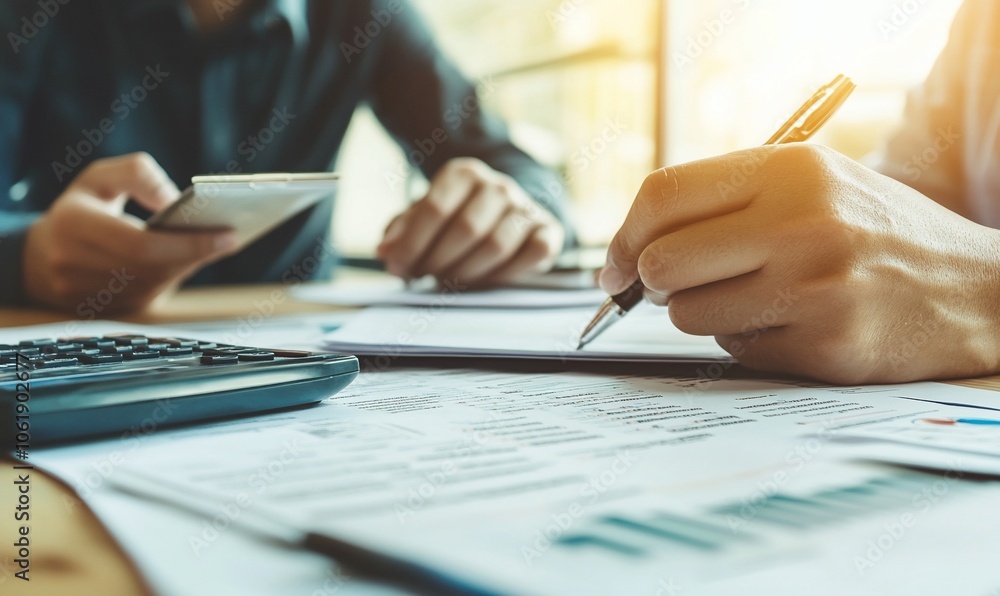 Close-up of two businesspeople reviewing financial documents, with a calculator and a smartphone on the table. Close-up of two businesspeople reviewing financial documents, with a calculator and a smartphone on the table.