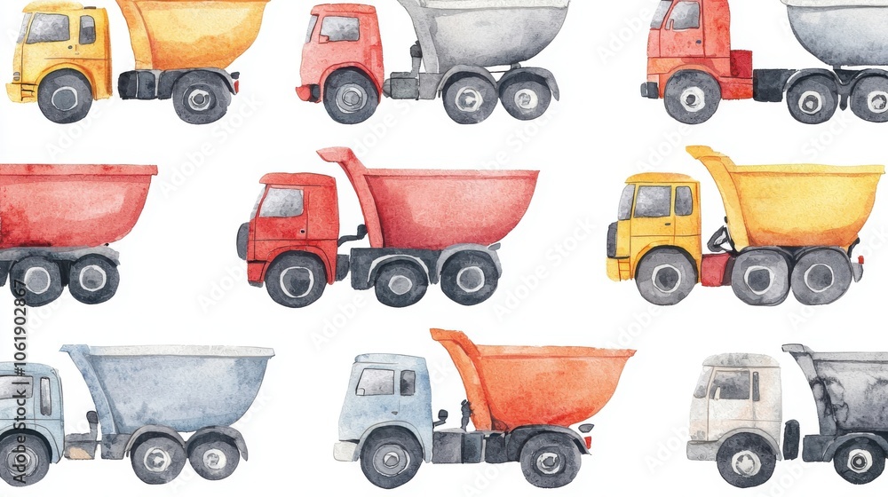 Fototapeta premium Colorful watercolor illustration of various construction trucks, perfect for children's art, invitations, and educational materials.
