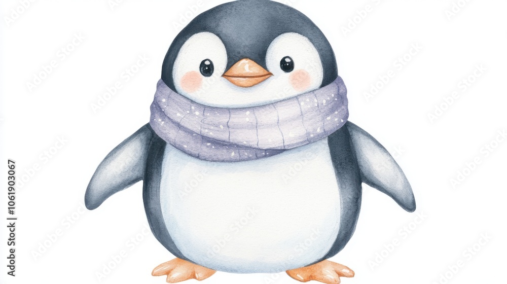 Obraz premium Cute cartoon penguin wearing a cozy purple scarf, perfect for winter-themed designs and children's illustrations.