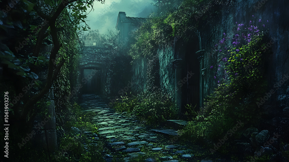Fototapeta premium An overgrown lane that feels alive with the whispers of the past.