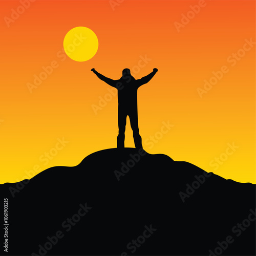 a man is on the top with his arms spread out looking at the sunset, symbolizing freedom, illustration of freedom