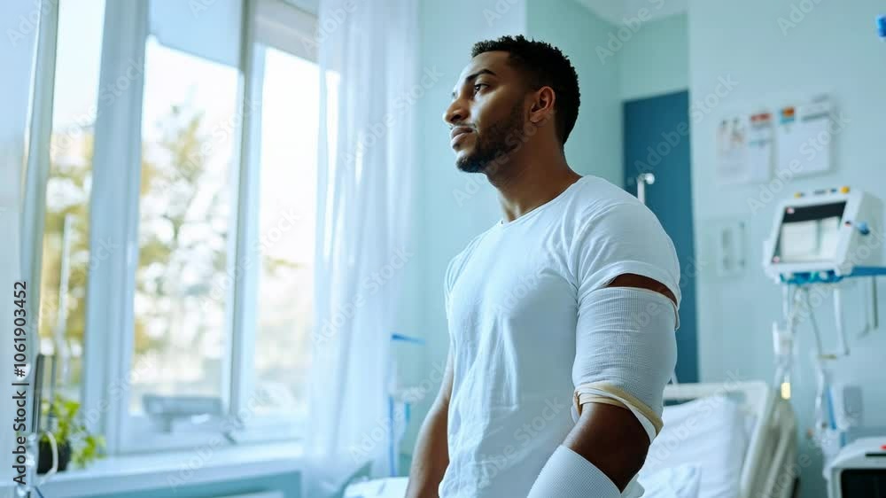 Hospital recovery of a young man with bandaged arms reflecting on his journey in a bright room, contemplating his recovery process as light pours in from the window. Hospital recovery of a young man with bandaged arms reflecting on his journey in a bright room, contemplating his recovery process as light pours in from the window.