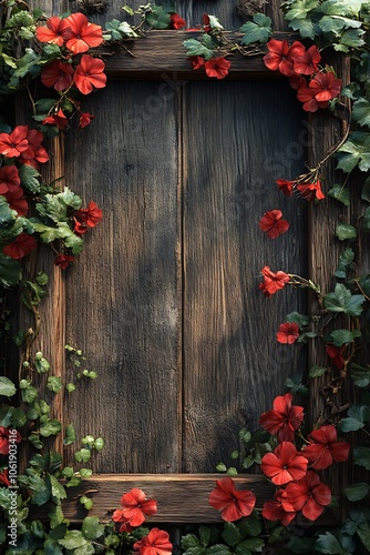 A beautiful wooden frame adorned with lush green ivy and vibrant red flowers perfect for nature-inspired decor or photography