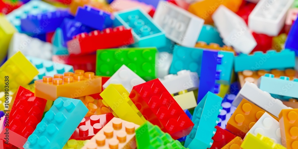 Naklejka premium Heap of colorful plastic toy bricks or blocks, childhood or game background, selective focus