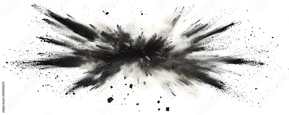 Obraz premium Chalk Dust Explosion: An effect showing black chalk pieces and powder flying in an explosion on a white background.