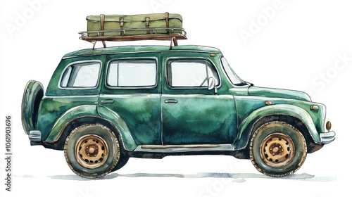 Vintage green SUV with a rooftop luggage carrier, perfect for adventure and outdoor travel themes.