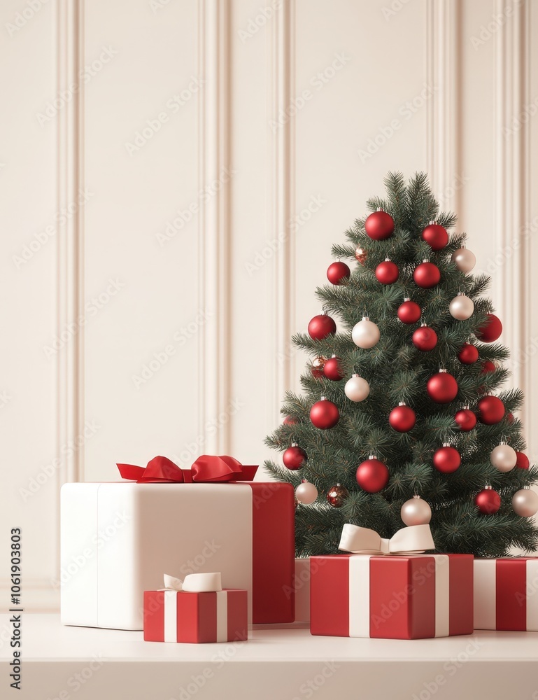 Festive Christmas tree and presents in a cozy room Festive Christmas tree and presents in a cozy room