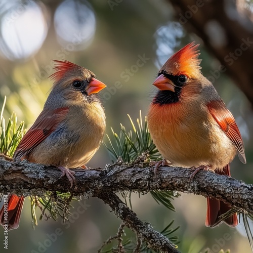 Two vibrant cardinals perched on a branch basking in the golden light of a tranquil morning in the woods photo