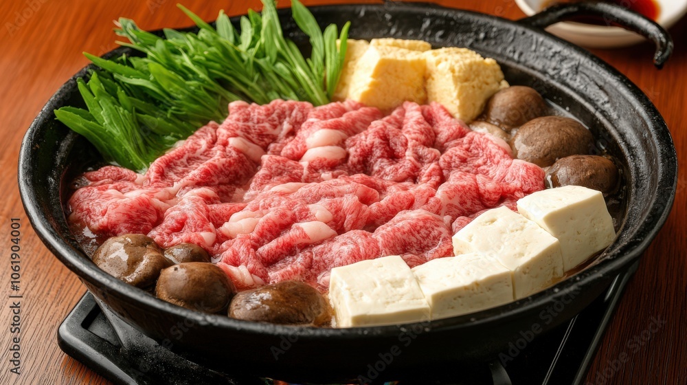 Sukiyaki hot pot filled with thinly sliced beef, tofu, mushrooms, and vegetables, simmering in a soy-based broth. Sukiyaki hot pot filled with thinly sliced beef, tofu, mushrooms, and vegetables, simmering in a soy-based broth.