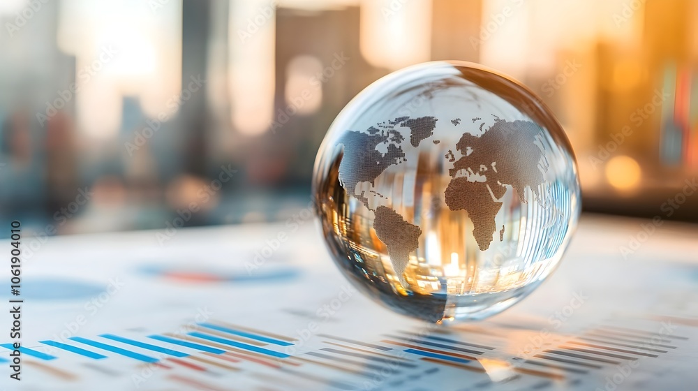 Floating Glass Globe Overlooking Digital Business Analytics Charts and Graphs Floating Glass Globe Overlooking Digital Business Analytics Charts and Graphs