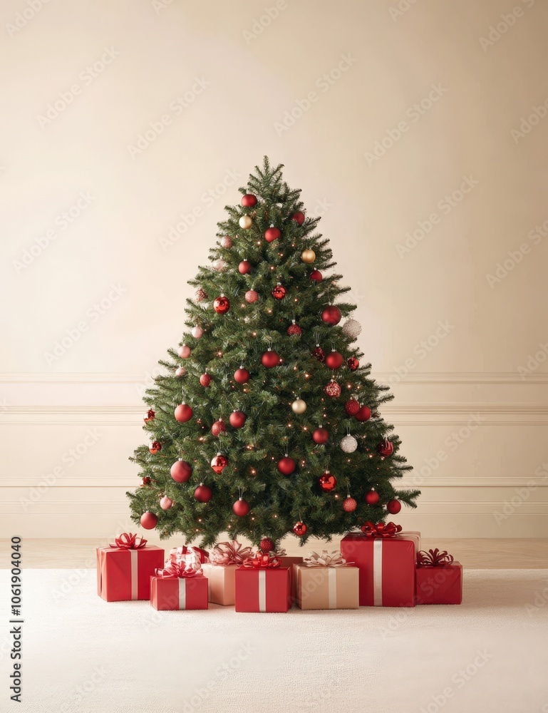 festive christmas tree with red and gold ornaments and wrapped gifts festive christmas tree with red and gold ornaments and wrapped gifts