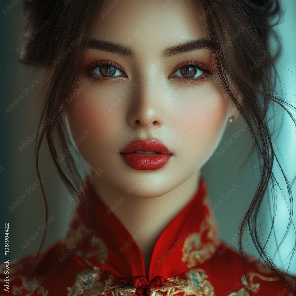 A captivating portrait of a woman in a traditional red Chinese dress adorned with intricate golden embroidery, showcasing timeless beauty and elegance A captivating portrait of a woman in a traditional red Chinese dress adorned with intricate golden embroidery, showcasing timeless beauty and elegance