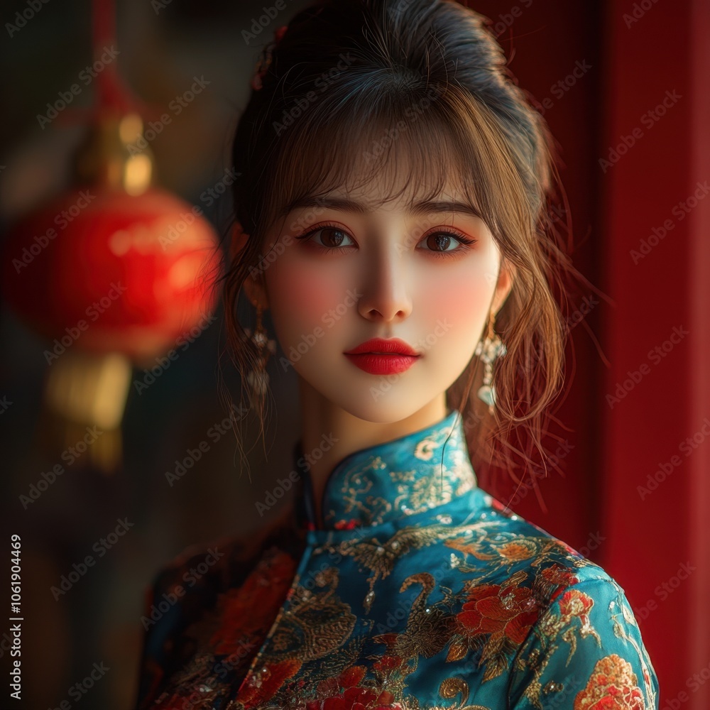 A woman in an elegant blue traditional dress adorned with floral patterns stands gracefully near vibrant red lanterns in a richly decorated room A woman in an elegant blue traditional dress adorned with floral patterns stands gracefully near vibrant red lanterns in a richly decorated room