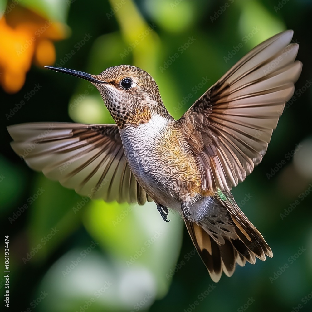 Fototapeta premium A vibrant hummingbird hovers gracefully near blooming flowers in a lush garden under bright sunlight during spring