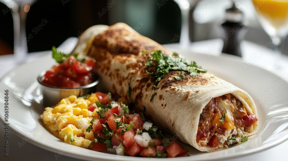 A gourmet breakfast burrito served on a fine plate A gourmet breakfast burrito served on a fine plate
