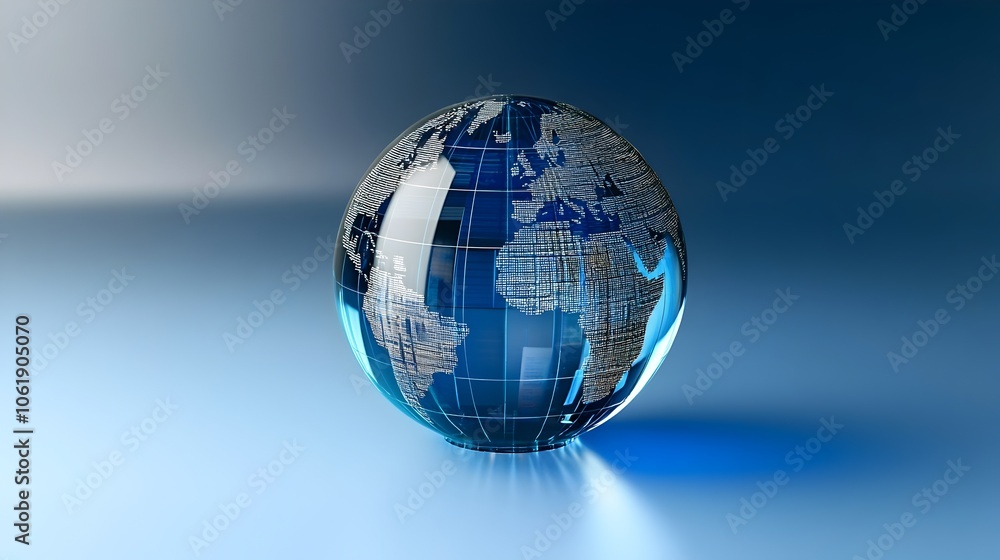 Detailed Glass Globe with Complex Data Graphs on Gradient Blue Background Detailed Glass Globe with Complex Data Graphs on Gradient Blue Background