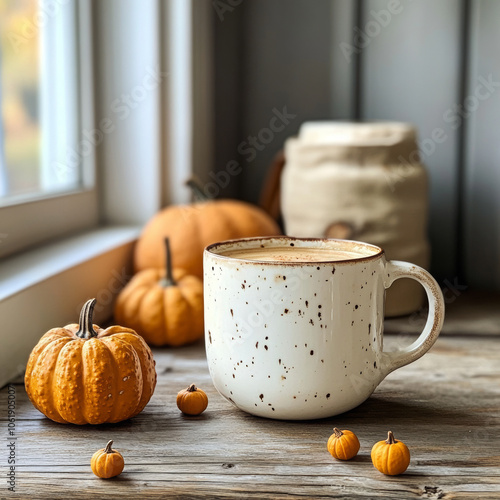 Embrace the cozy vibes of fall with a pumpkin spice latte in hand, surrounded by mini pumpkins and autumn leaves!