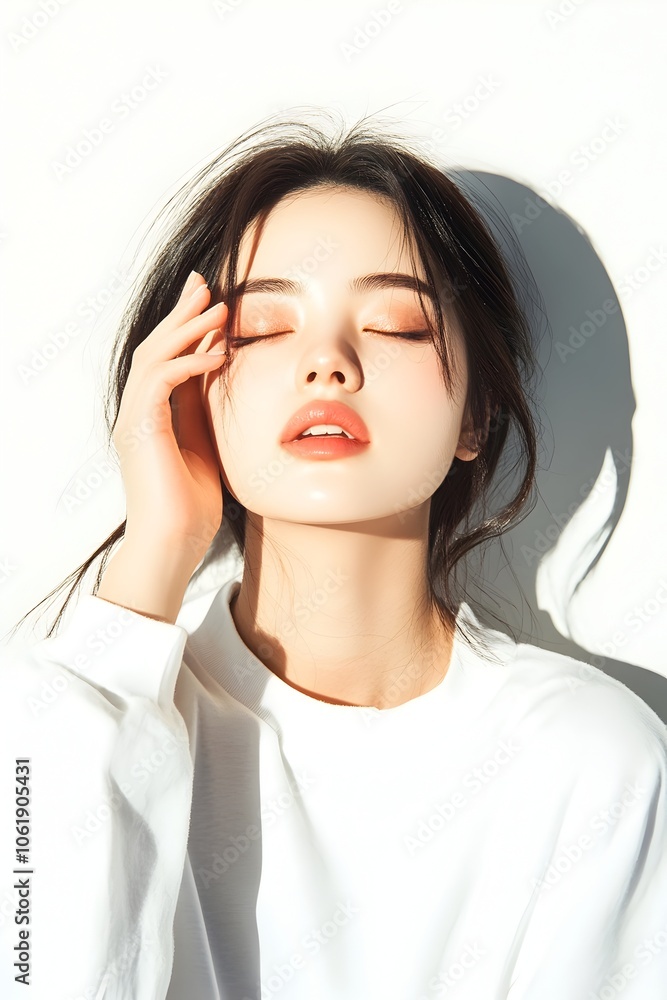 Serene Korean Woman Enjoying Skin Care Routine with Glowing Complexion