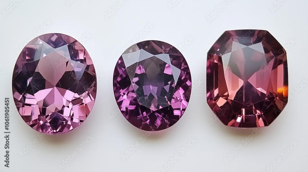 Selection of spinel stones in round, oval, and square cuts with rich colors on white Selection of spinel stones in round, oval, and square cuts with rich colors on white