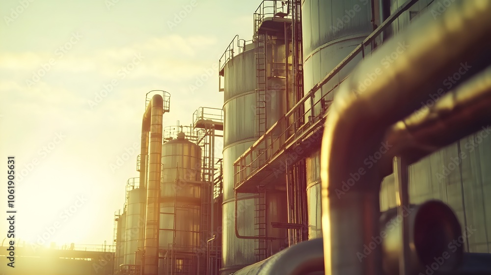 Towering Pipework and Tanks of an Industrial Sugar Refinery Facility Towering Pipework and Tanks of an Industrial Sugar Refinery Facility