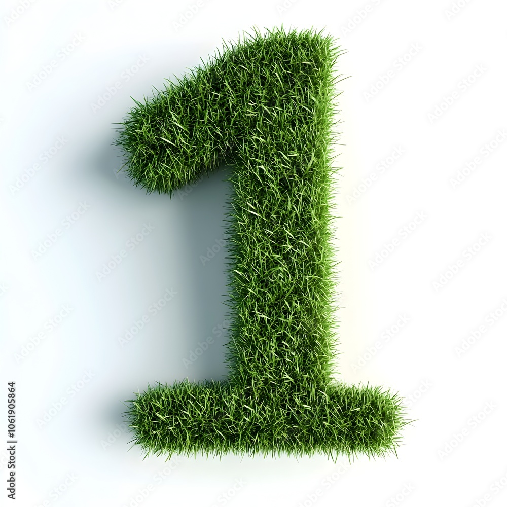 Green Grass Textured 3D Number One on White Background Green Grass Textured 3D Number One on White Background