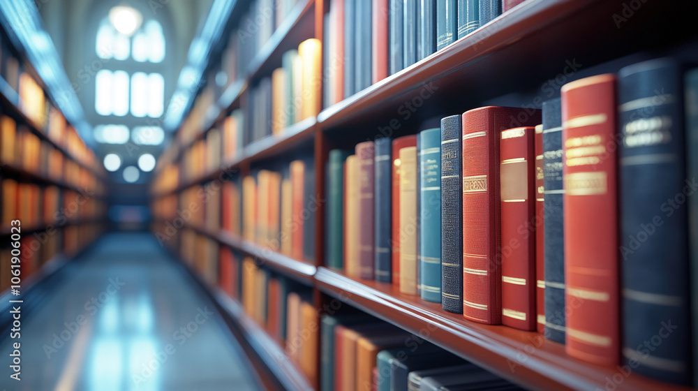 A long row of bookshelves filled with colorful books in a grand library. Selective focus. A long row of bookshelves filled with colorful books in a grand library. Selective focus.
