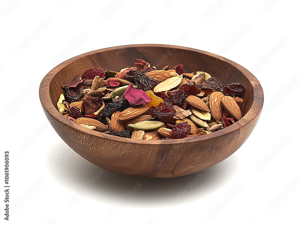 Mix of nuts and dried fruits in a wooden bowl on white background. Perfect for a healthy snack, showcasing vibrant textures and colors of natural ingredients. Mix of nuts and dried fruits in a wooden bowl on white background. Perfect for a healthy snack, showcasing vibrant textures and colors of natural ingredients.
