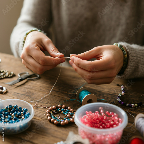 Hands Crafting Handmade Jewelry with Beads and Thread