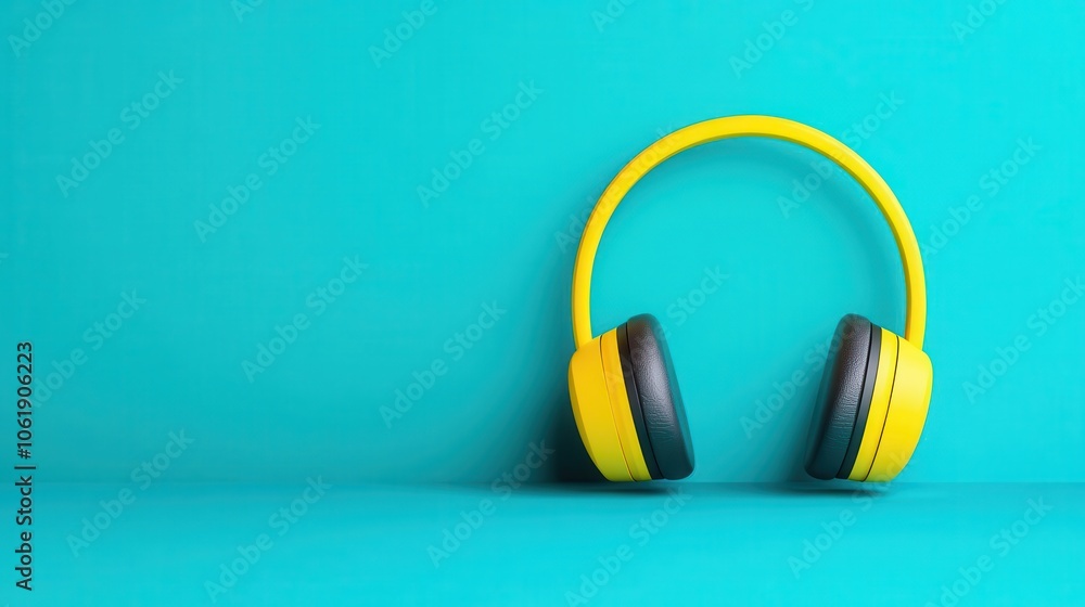 Bright yellow headphones sit against a vibrant turquoise background, creating a stylish and modern aesthetic. Bright yellow headphones sit against a vibrant turquoise background, creating a stylish and modern aesthetic.